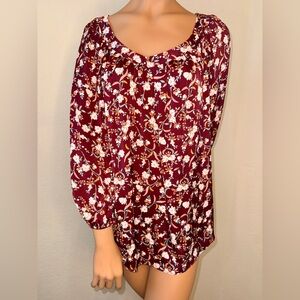 NWT LC Lauren Conrad Floral Peasant Blouse XL Burgundy Boho Top